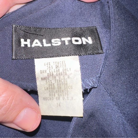 Vintage Halston Size 14 Tencel Pleated Shirtdress Dusty Blue Midi Length - Picture 9 of 9